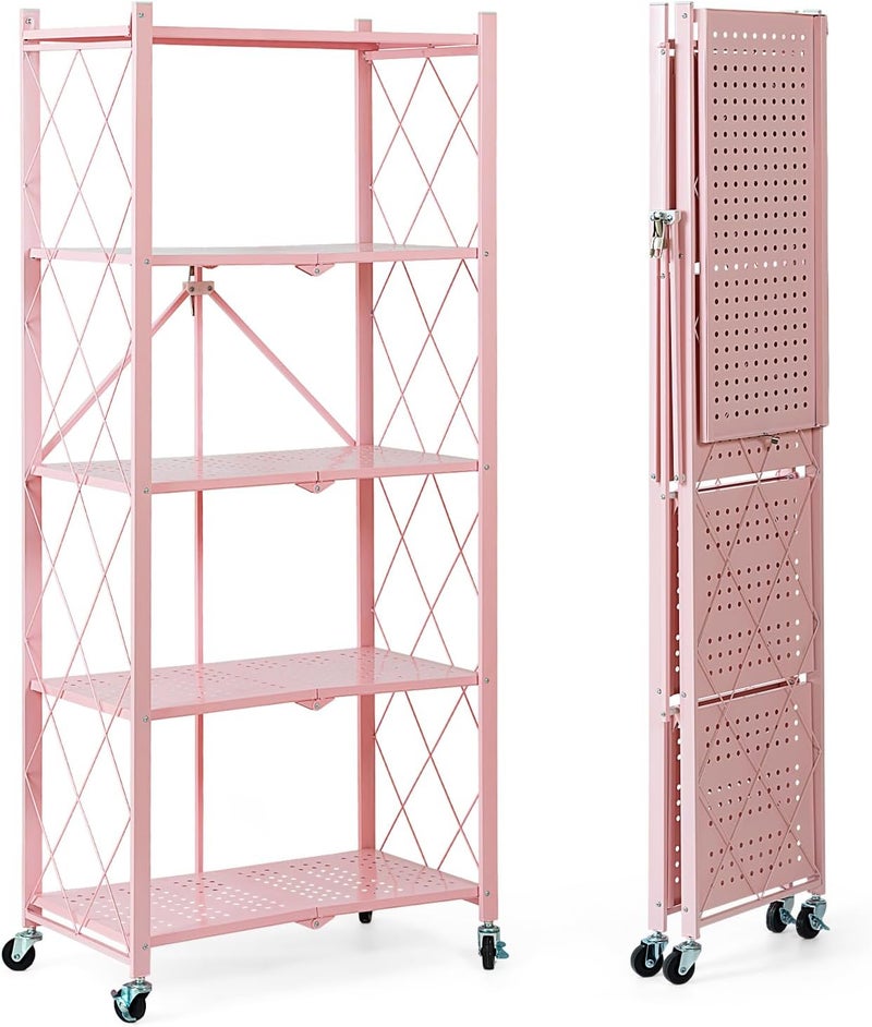BRIAN & DANY 5-Tier Foldable Storage Shelves with Wheels, Folding Metal Rack Shelving Unit, Heavy Duty No Assembly Organizer Shelf for Garage, Kitchen, Basement, Pantry, Pink - Image 1